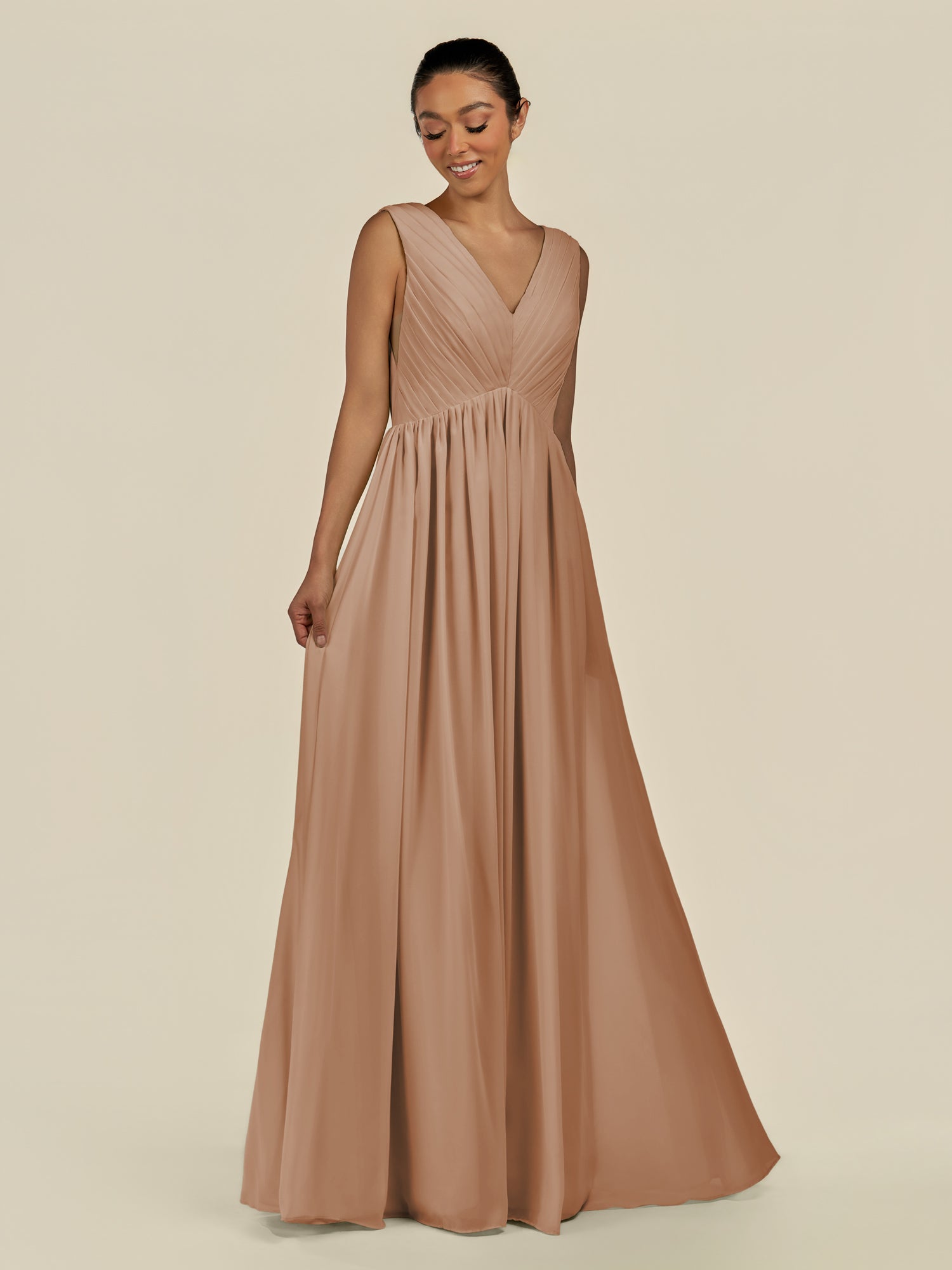 KissDress-Daryel Bronzer A Line Chiffon V Neck Pleated Long Bridesmaid Dress