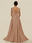 KissDress-Daryel Bronzer A Line Chiffon V Neck Pleated Long Bridesmaid Dress