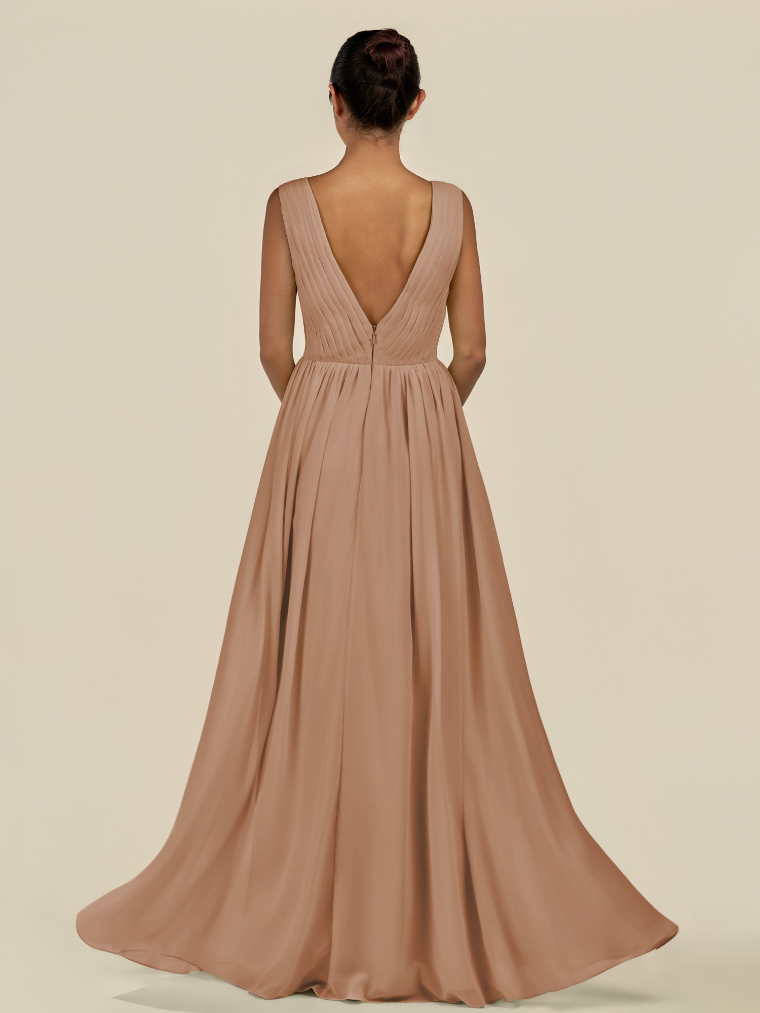 KissDress-Daryel Bronzer A Line Chiffon V Neck Pleated Long Bridesmaid Dress