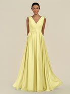 KissDress-Daryel Buttercup A Line Chiffon V Neck Pleated Long Bridesmaid Dress