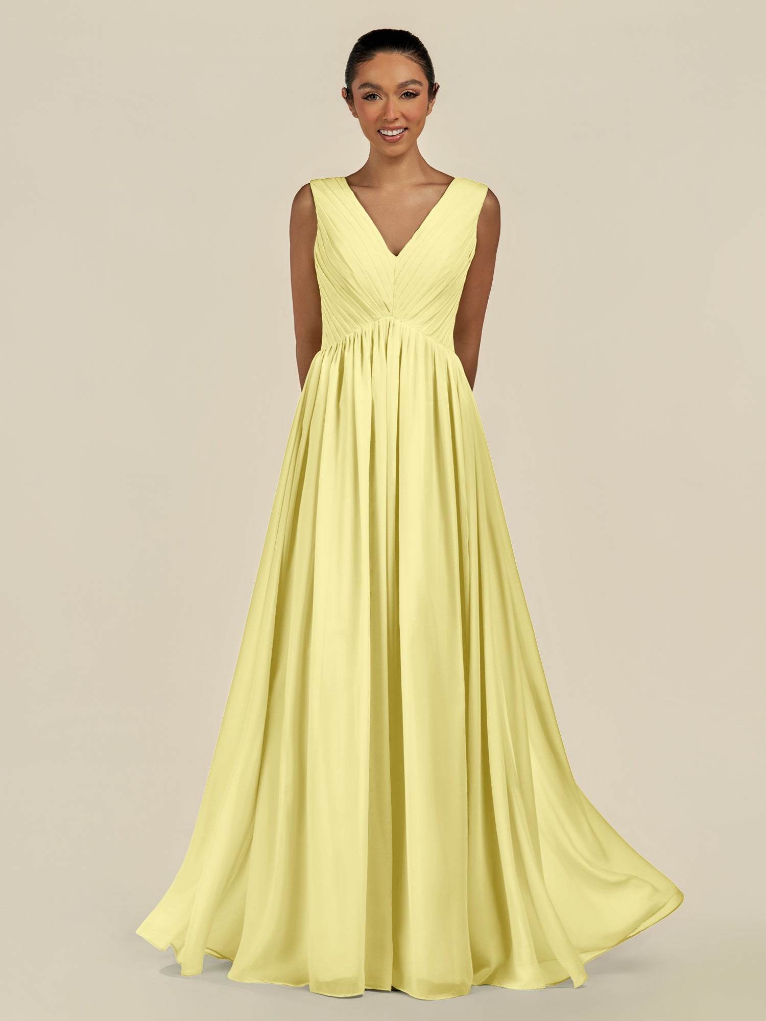 KissDress-Daryel Buttercup A Line Chiffon V Neck Pleated Long Bridesmaid Dress