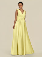 KissDress-Daryel Buttercup A Line Chiffon V Neck Pleated Long Bridesmaid Dress