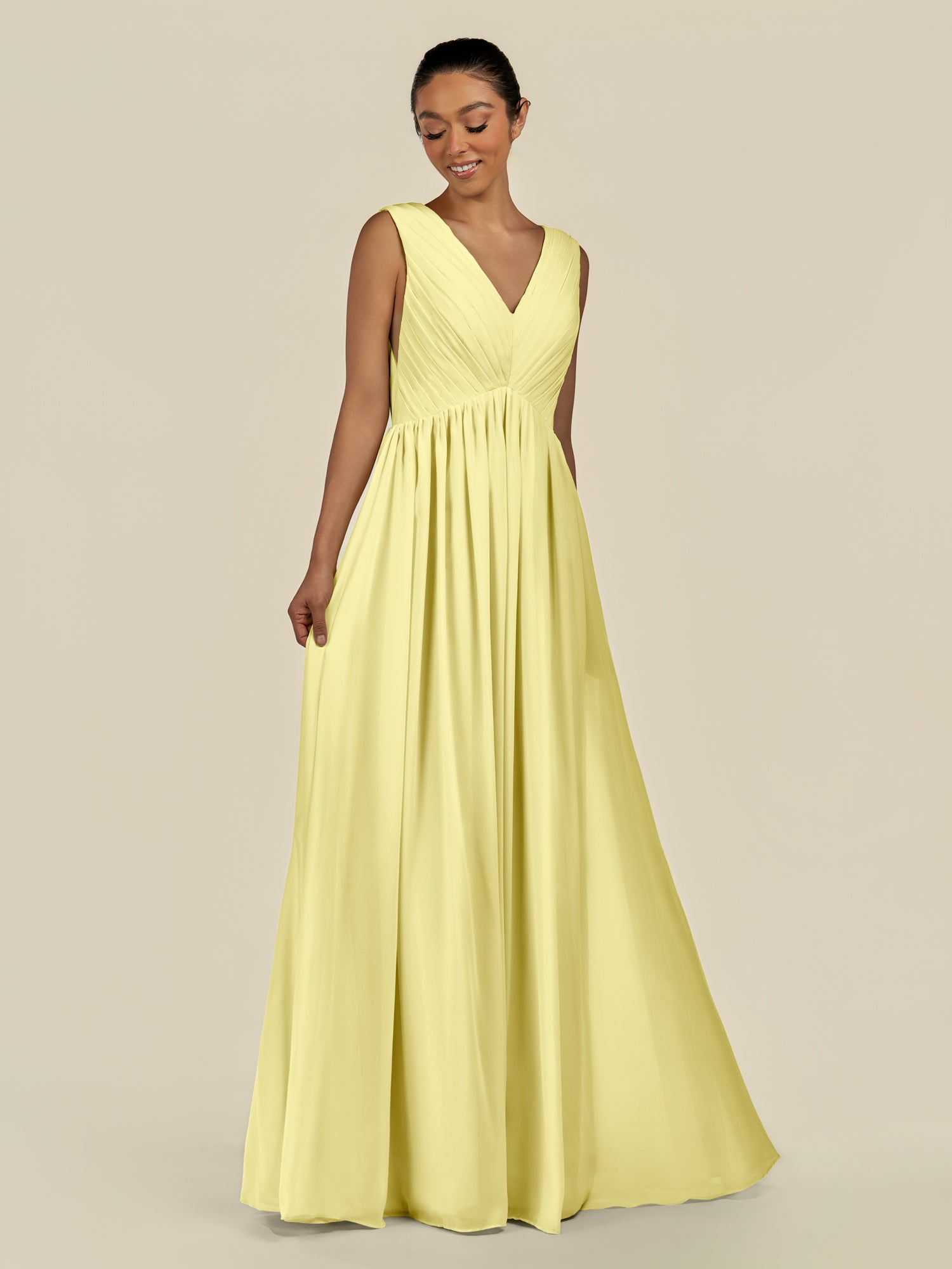 KissDress-Daryel Buttercup A Line Chiffon V Neck Pleated Long Bridesmaid Dress