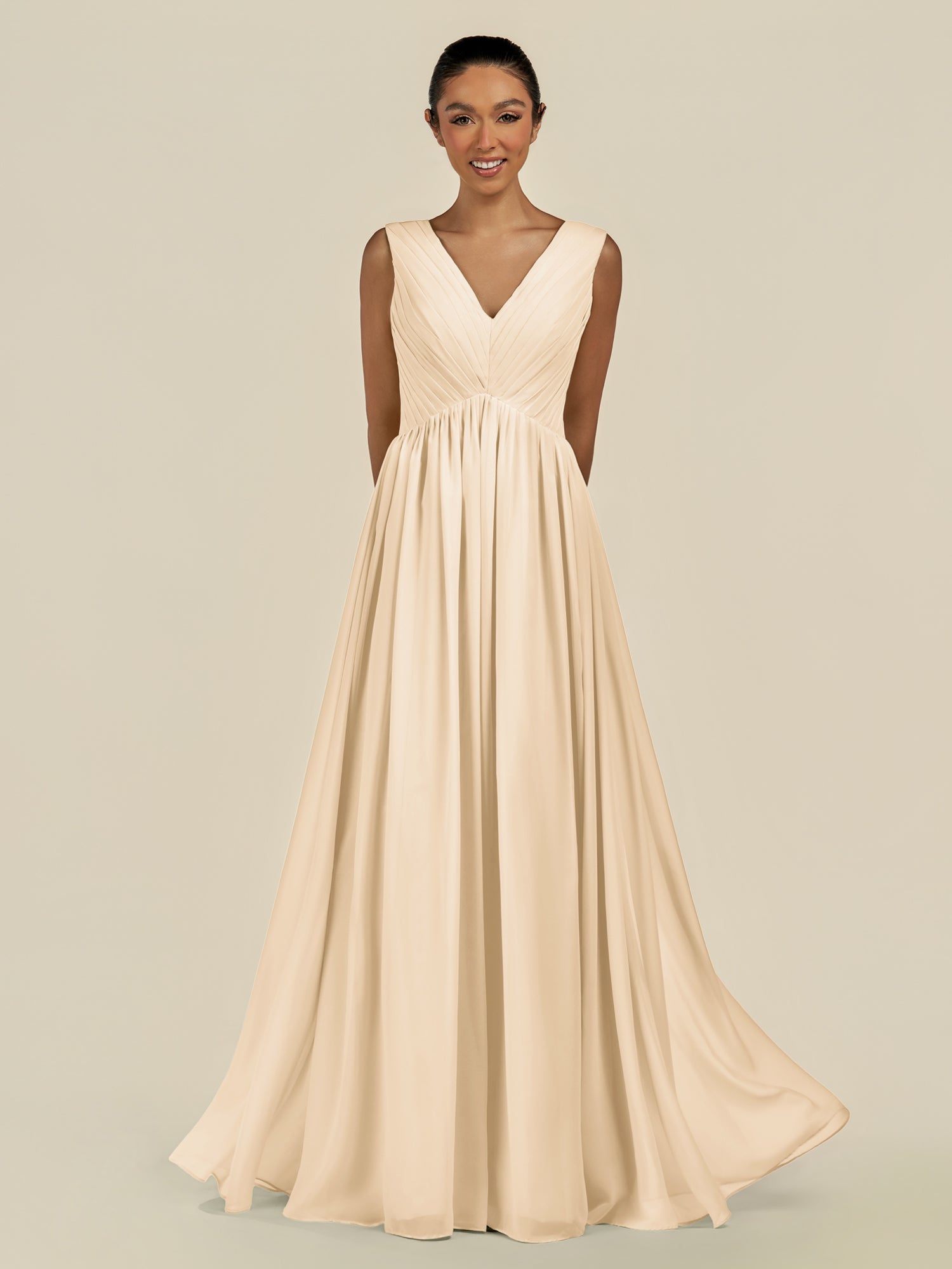 KissDress-Daryel Champagne A Line Chiffon V Neck Pleated Long Bridesmaid Dress