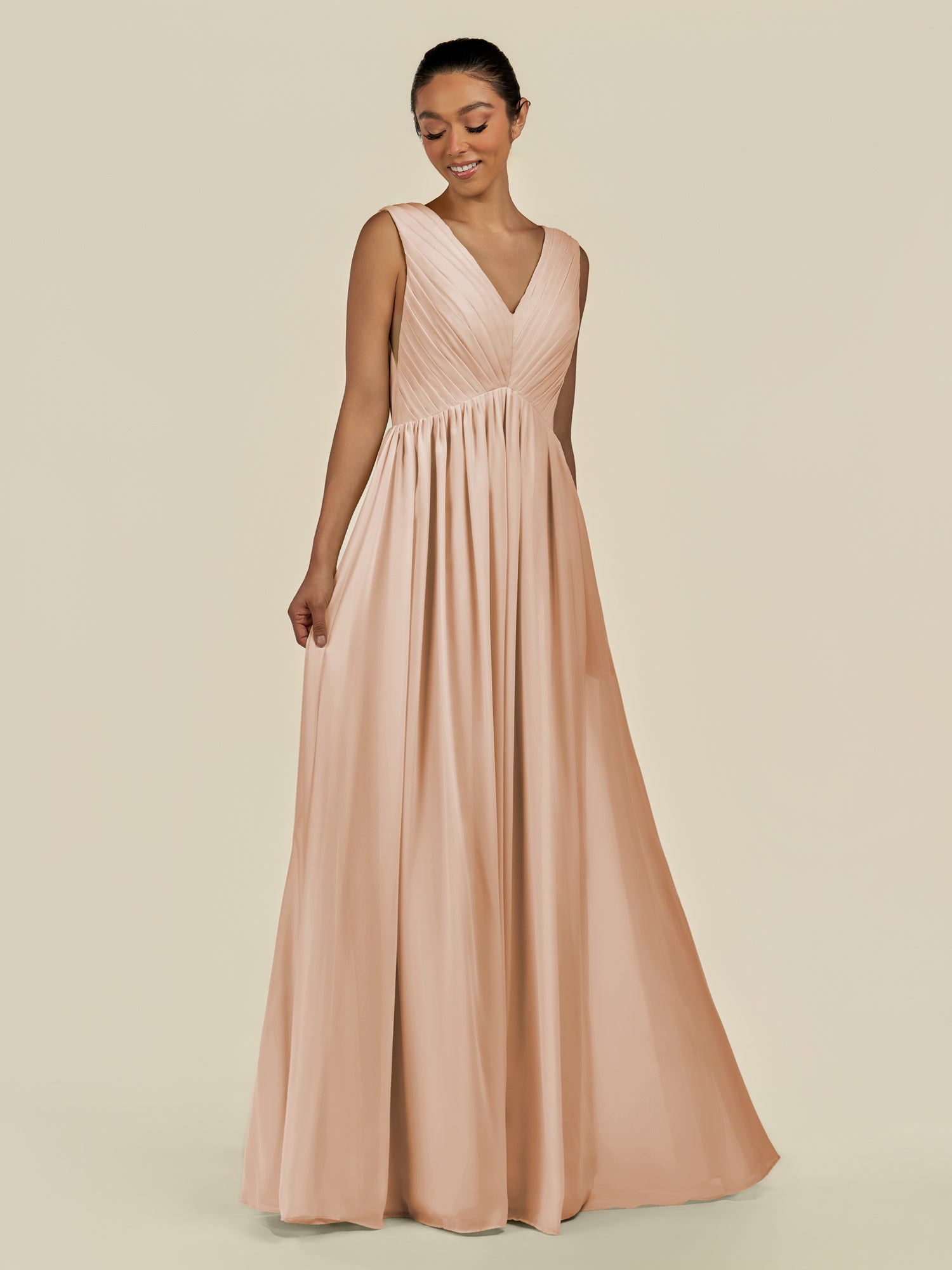 KissDress-Daryel Champagne Rose A Line Chiffon V Neck Pleated Long Bridesmaid Dress