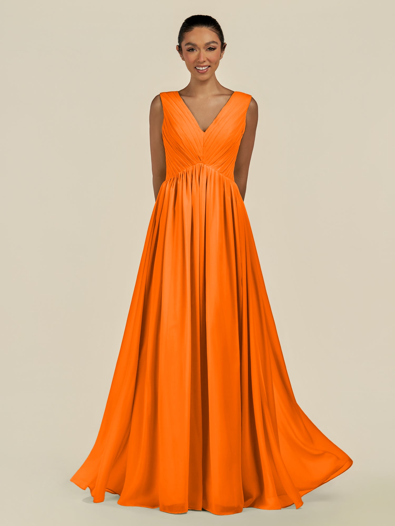 KissDress-Daryel Cinnamon A Line Chiffon V Neck Pleated Long Bridesmaid Dress