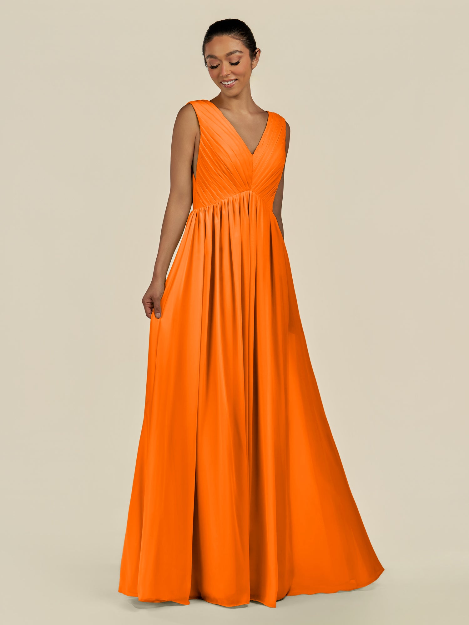 KissDress-Daryel Cinnamon A Line Chiffon V Neck Pleated Long Bridesmaid Dress