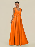 KissDress-Daryel Cinnamon A Line Chiffon V Neck Pleated Long Bridesmaid Dress