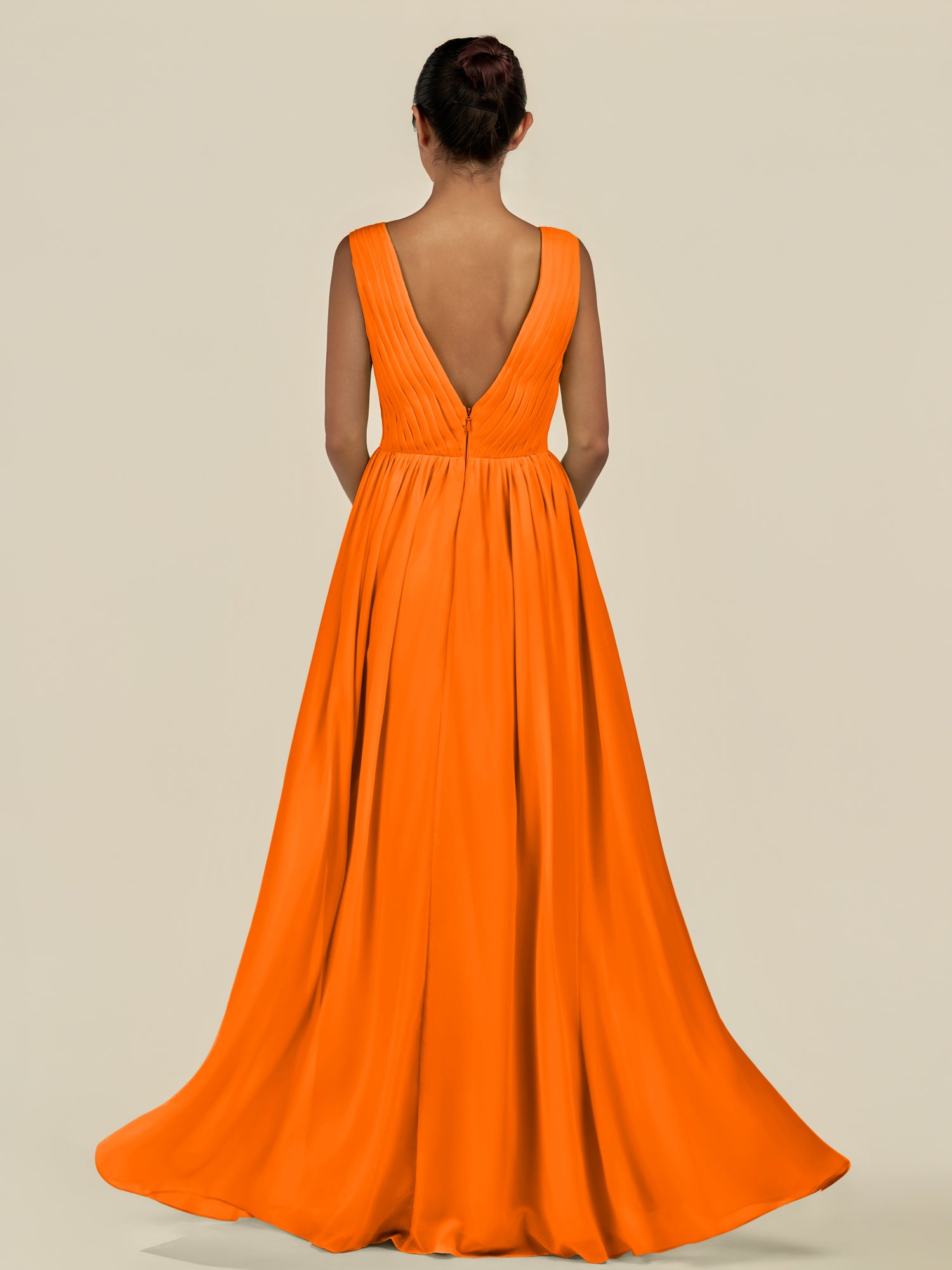KissDress-Daryel Cinnamon A Line Chiffon V Neck Pleated Long Bridesmaid Dress
