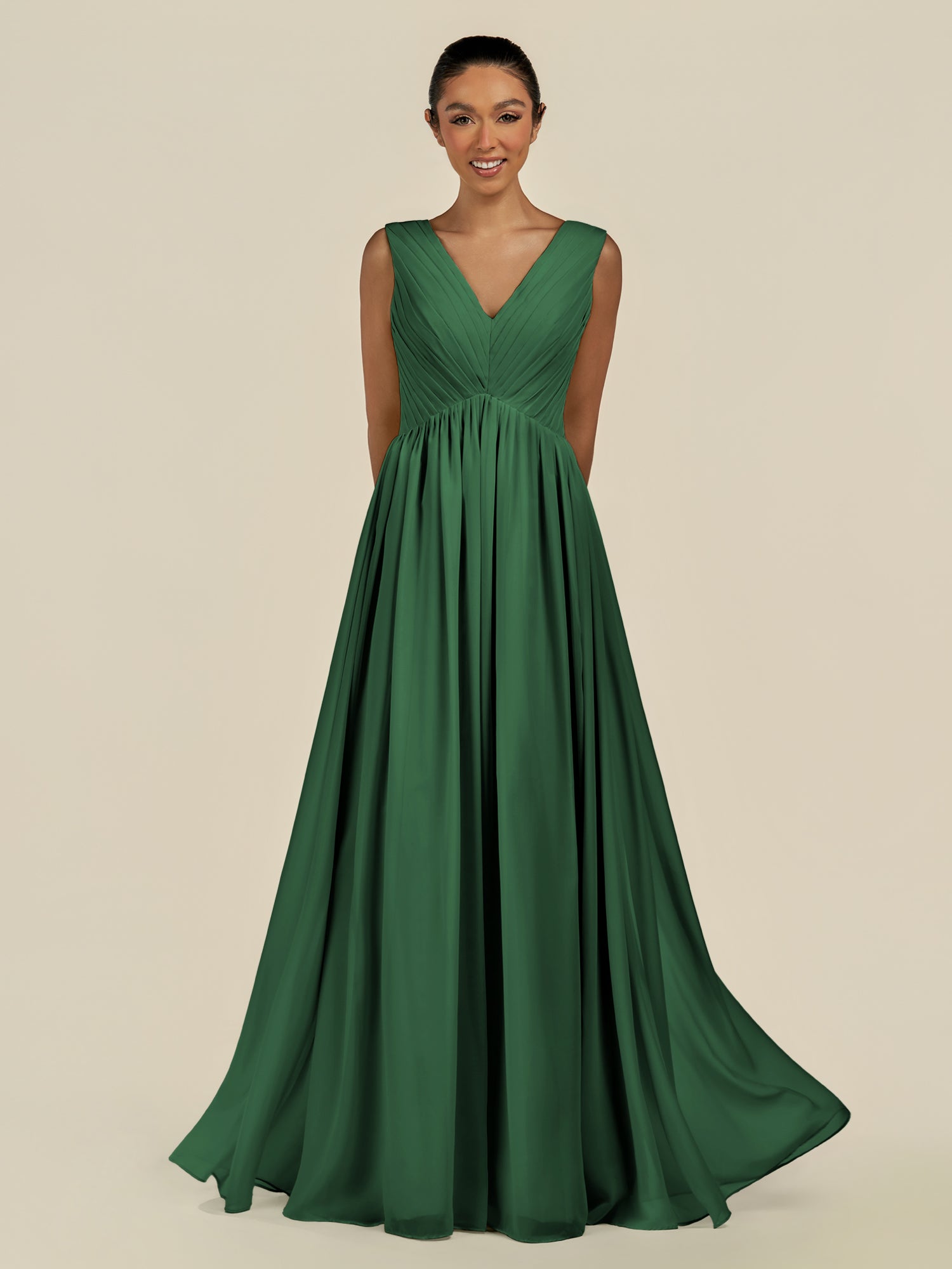 KissDress-Daryel Dark Green A Line Chiffon V Neck Pleated Long Bridesmaid Dress