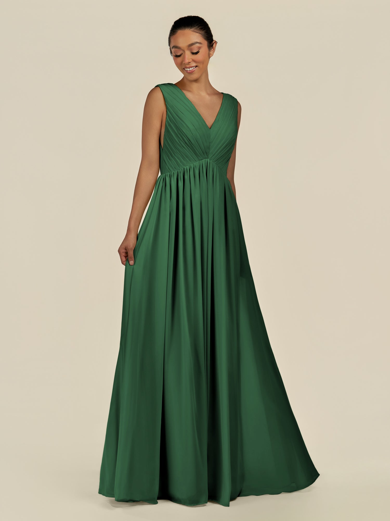 KissDress-Daryel Dark Green A Line Chiffon V Neck Pleated Long Bridesmaid Dress