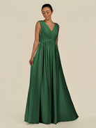 KissDress-Daryel Dark Green A Line Chiffon V Neck Pleated Long Bridesmaid Dress