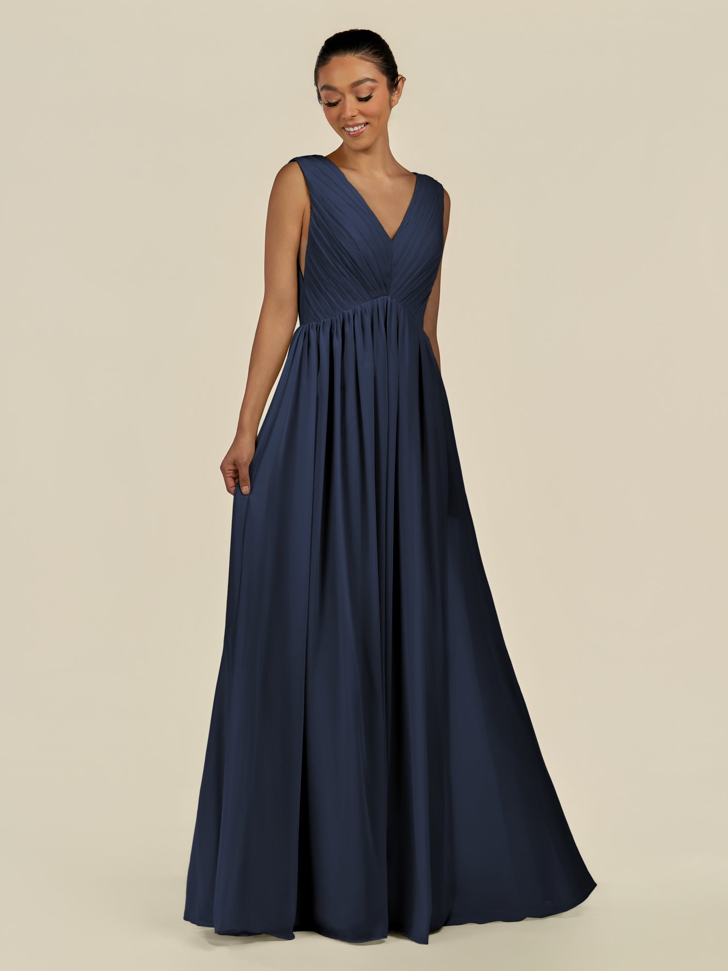 KissDress-Daryel Dark Navy A Line Chiffon V Neck Pleated Long Bridesmaid Dress