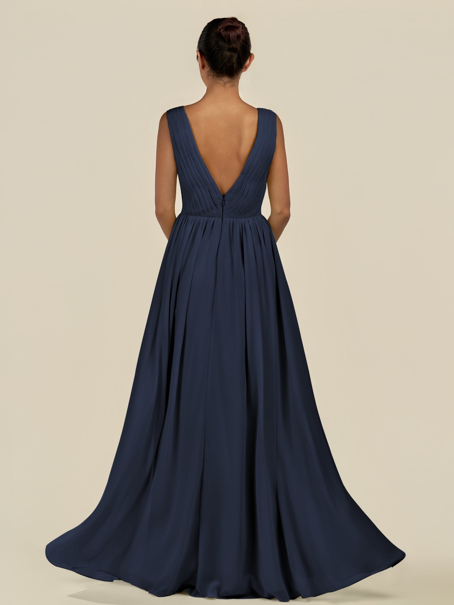KissDress-Daryel Dark Navy A Line Chiffon V Neck Pleated Long Bridesmaid Dress