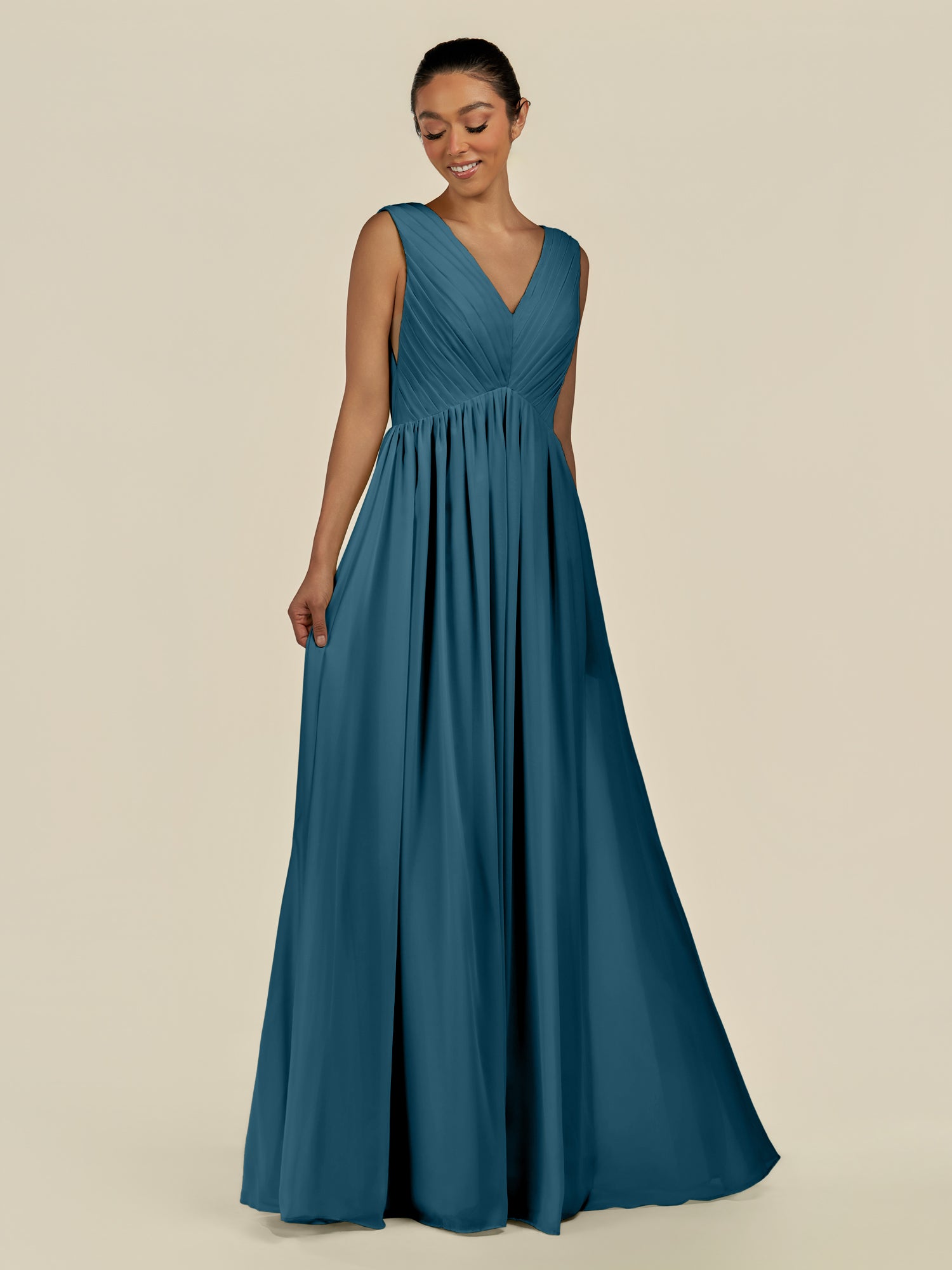 KissDress-Daryel Dark Teal A Line Chiffon V Neck Pleated Long Bridesmaid Dress