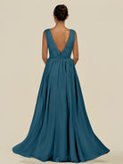 KissDress-Daryel Dark Teal A Line Chiffon V Neck Pleated Long Bridesmaid Dress