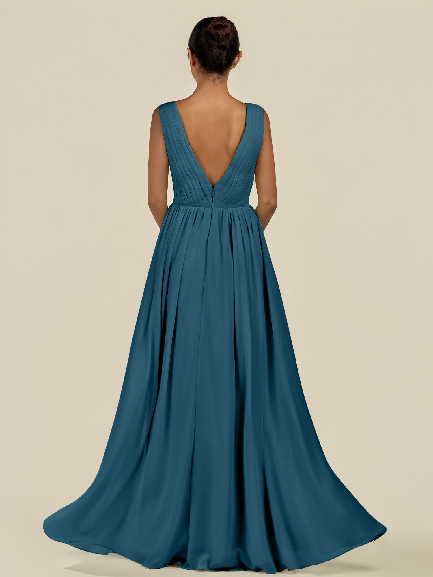 KissDress-Daryel Dark Teal A Line Chiffon V Neck Pleated Long Bridesmaid Dress