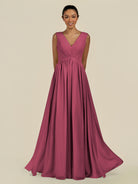 KissDress-Daryel Desert Rose A Line Chiffon V Neck Pleated Long Bridesmaid Dress