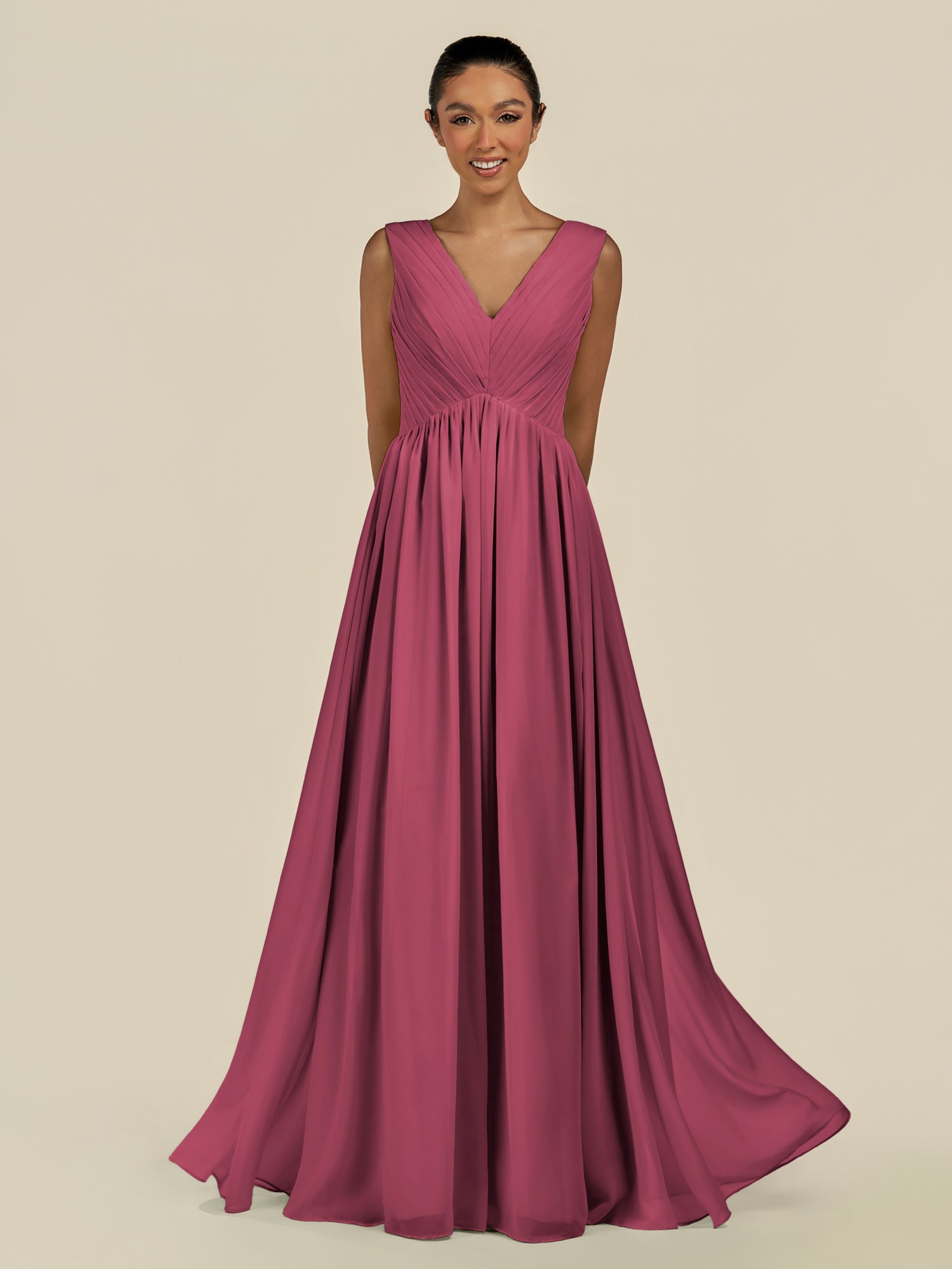 KissDress-Daryel Desert Rose A Line Chiffon V Neck Pleated Long Bridesmaid Dress