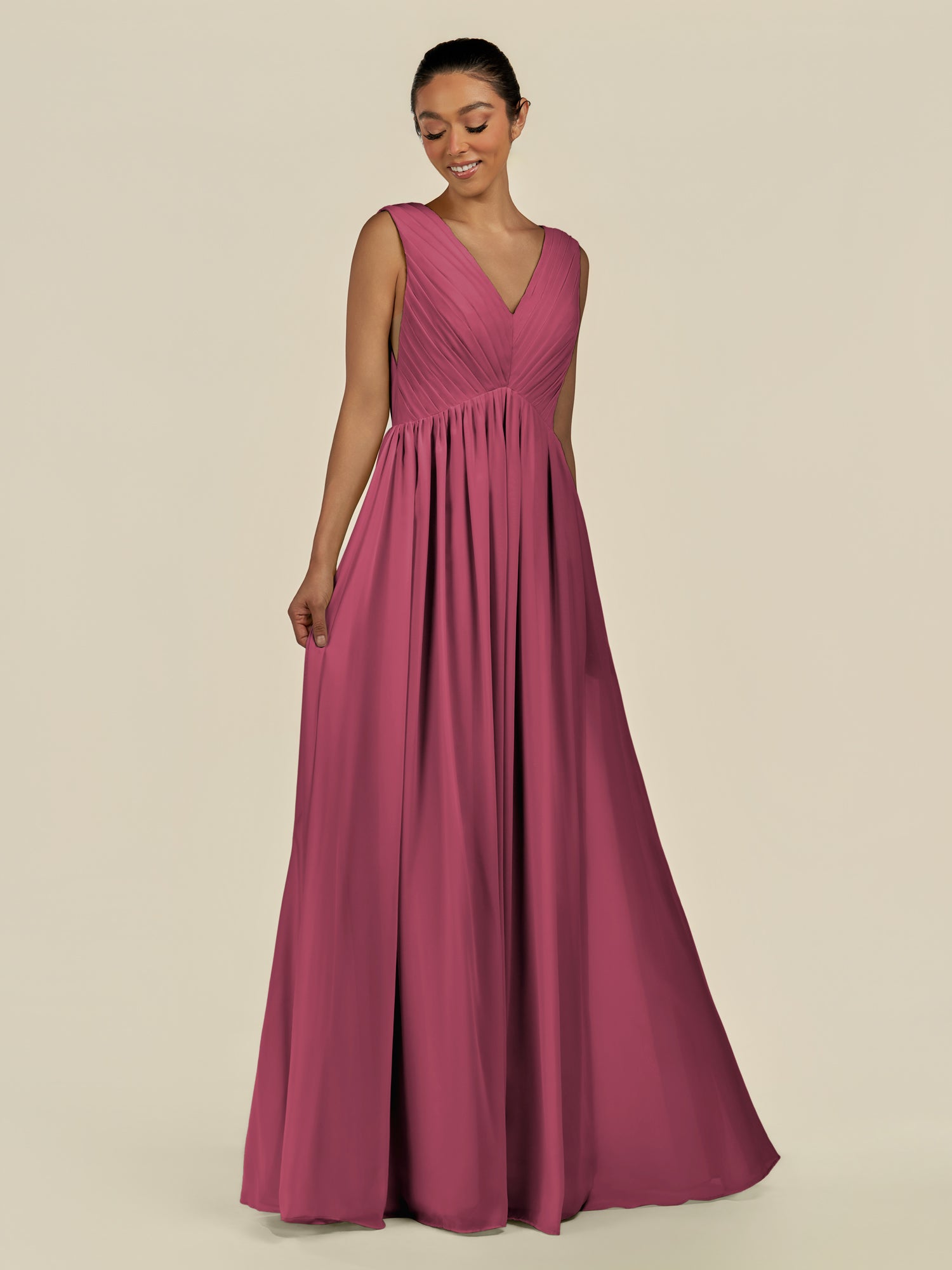 KissDress-Daryel Desert Rose A Line Chiffon V Neck Pleated Long Bridesmaid Dress