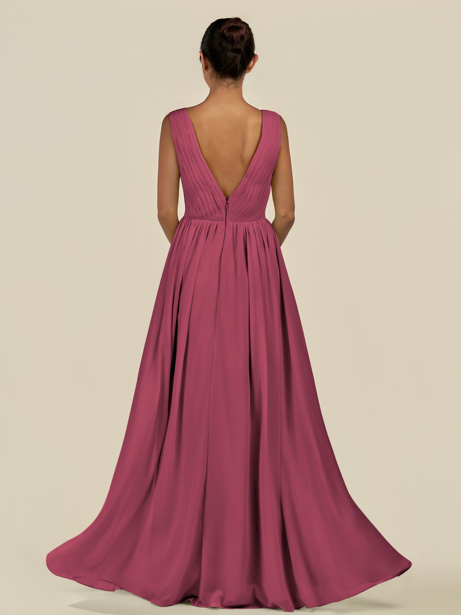 KissDress-Daryel Desert Rose A Line Chiffon V Neck Pleated Long Bridesmaid Dress