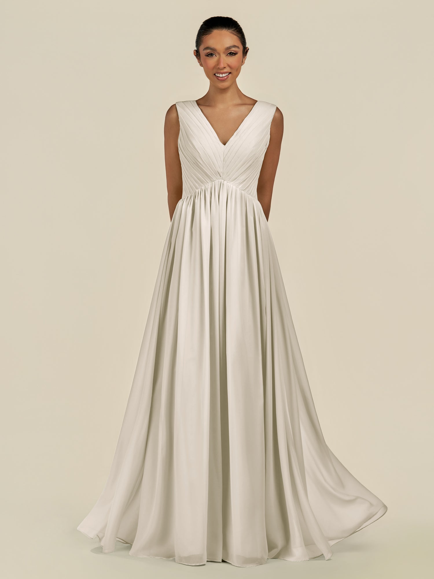 KissDress-Daryel Dove Gray A Line Chiffon V Neck Pleated Long Bridesmaid Dress