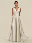 KissDress-Daryel Dove Gray A Line Chiffon V Neck Pleated Long Bridesmaid Dress