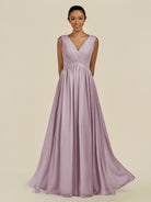 KissDress-Daryel Dusk A Line Chiffon V Neck Pleated Long Bridesmaid Dress