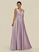 KissDress-Daryel Dusk A Line Chiffon V Neck Pleated Long Bridesmaid Dress