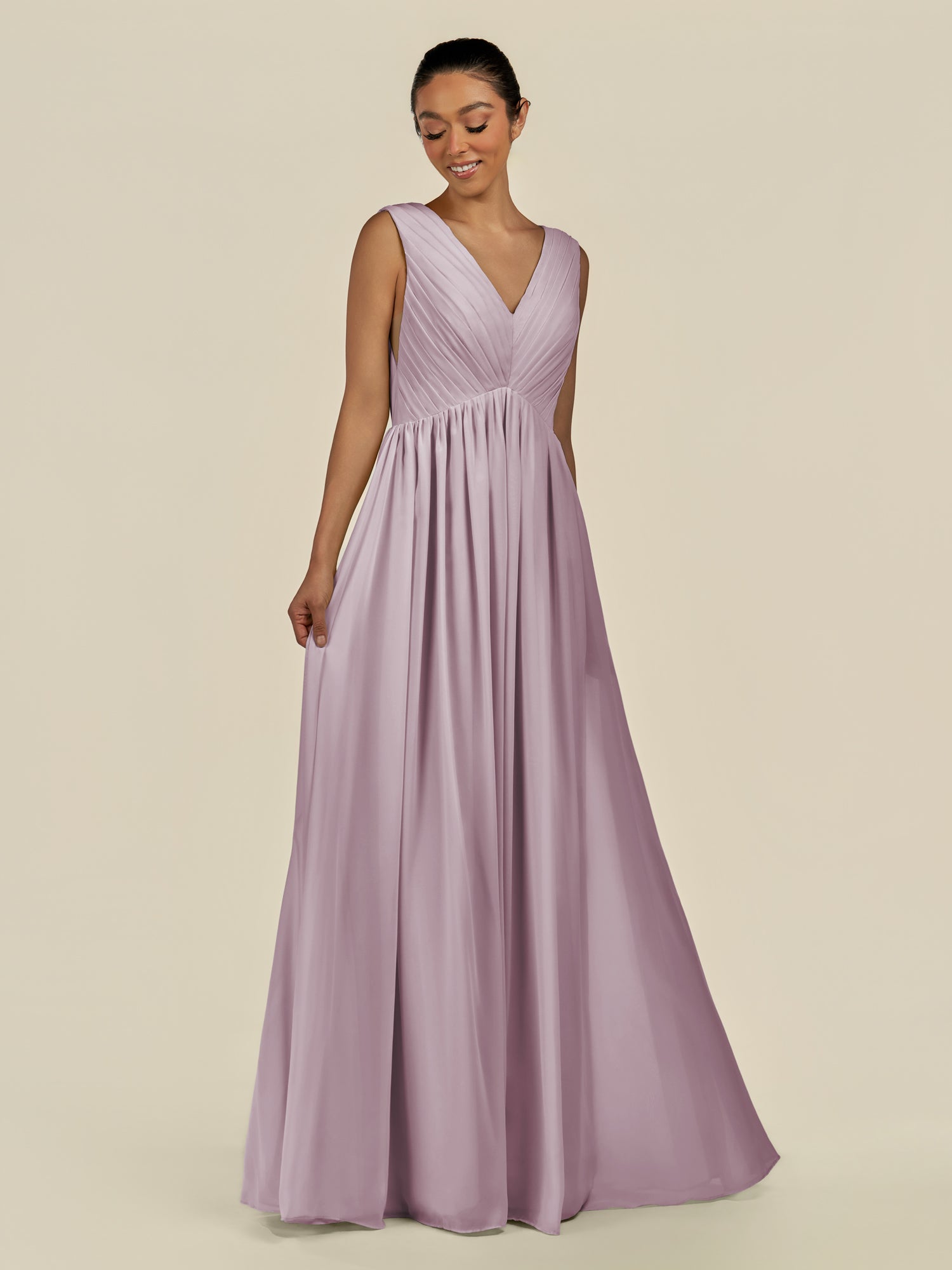 KissDress-Daryel Dusk A Line Chiffon V Neck Pleated Long Bridesmaid Dress