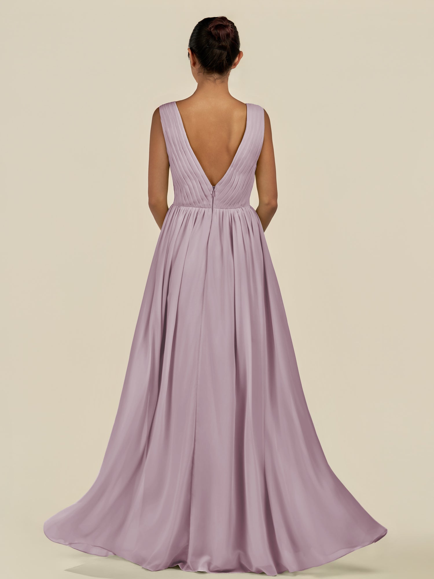 KissDress-Daryel Dusk A Line Chiffon V Neck Pleated Long Bridesmaid Dress