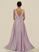 KissDress-Daryel Dusk A Line Chiffon V Neck Pleated Long Bridesmaid Dress