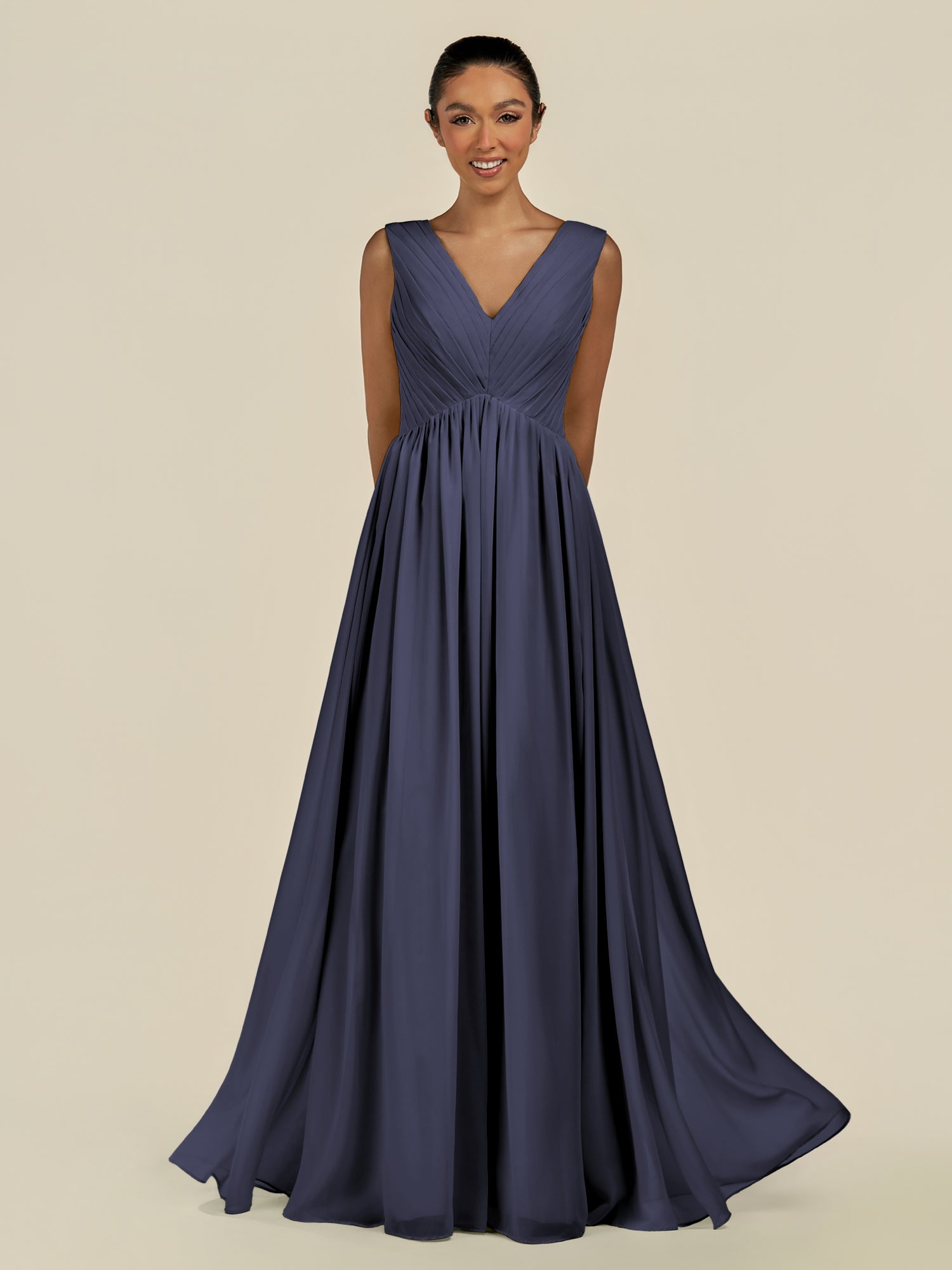 KissDress-Daryel Dusk Blue A Line Chiffon V Neck Pleated Long Bridesmaid Dress