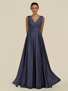 KissDress-Daryel Dusk Blue A Line Chiffon V Neck Pleated Long Bridesmaid Dress