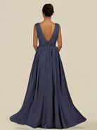 KissDress-Daryel Dusk Blue A Line Chiffon V Neck Pleated Long Bridesmaid Dress
