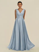 KissDress-Daryel Dusty Blue A Line Chiffon V Neck Pleated Long Bridesmaid Dress