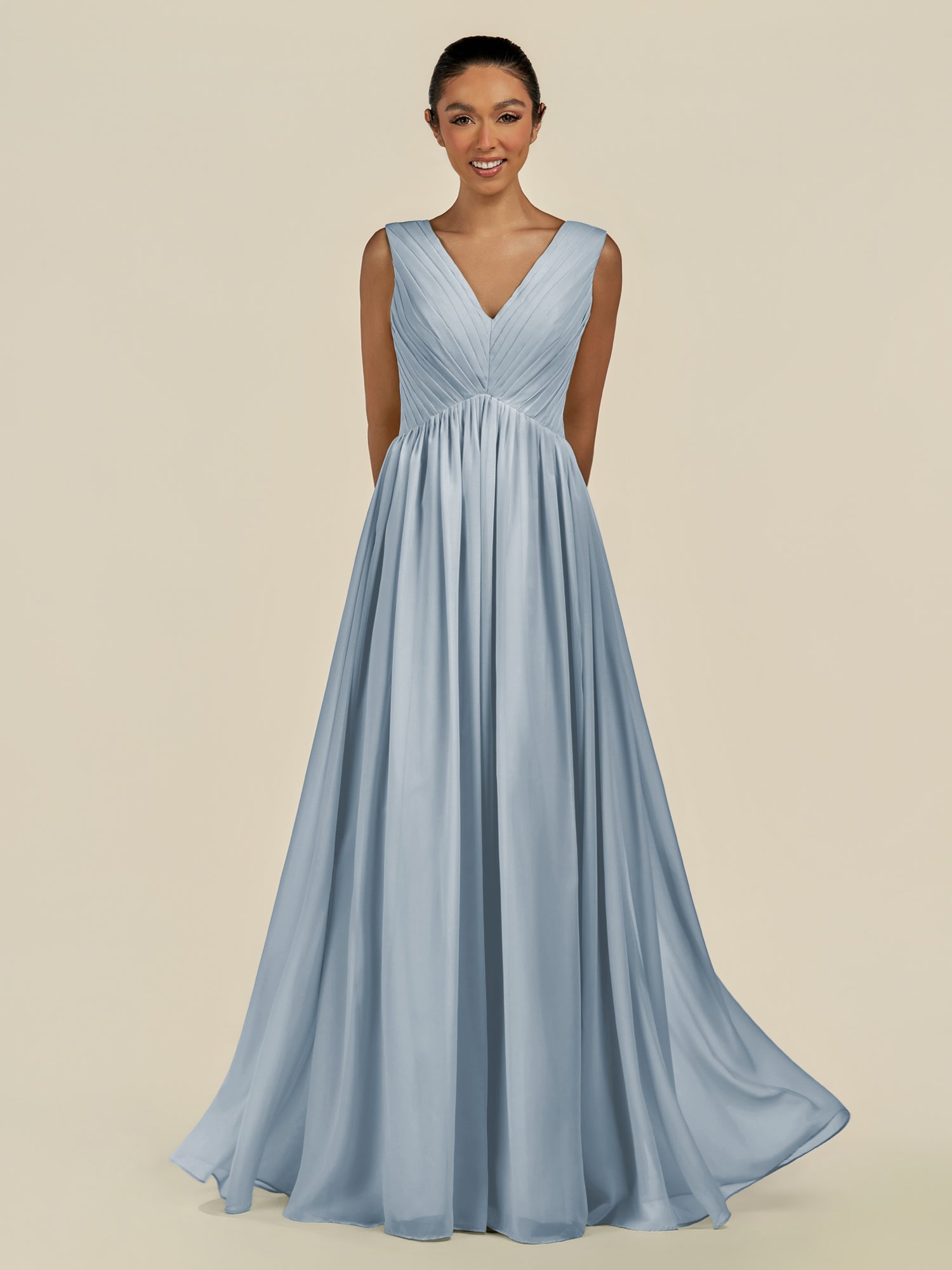 KissDress-Daryel Dusty Blue A Line Chiffon V Neck Pleated Long Bridesmaid Dress