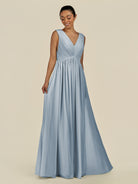 KissDress-Daryel Dusty Blue A Line Chiffon V Neck Pleated Long Bridesmaid Dress