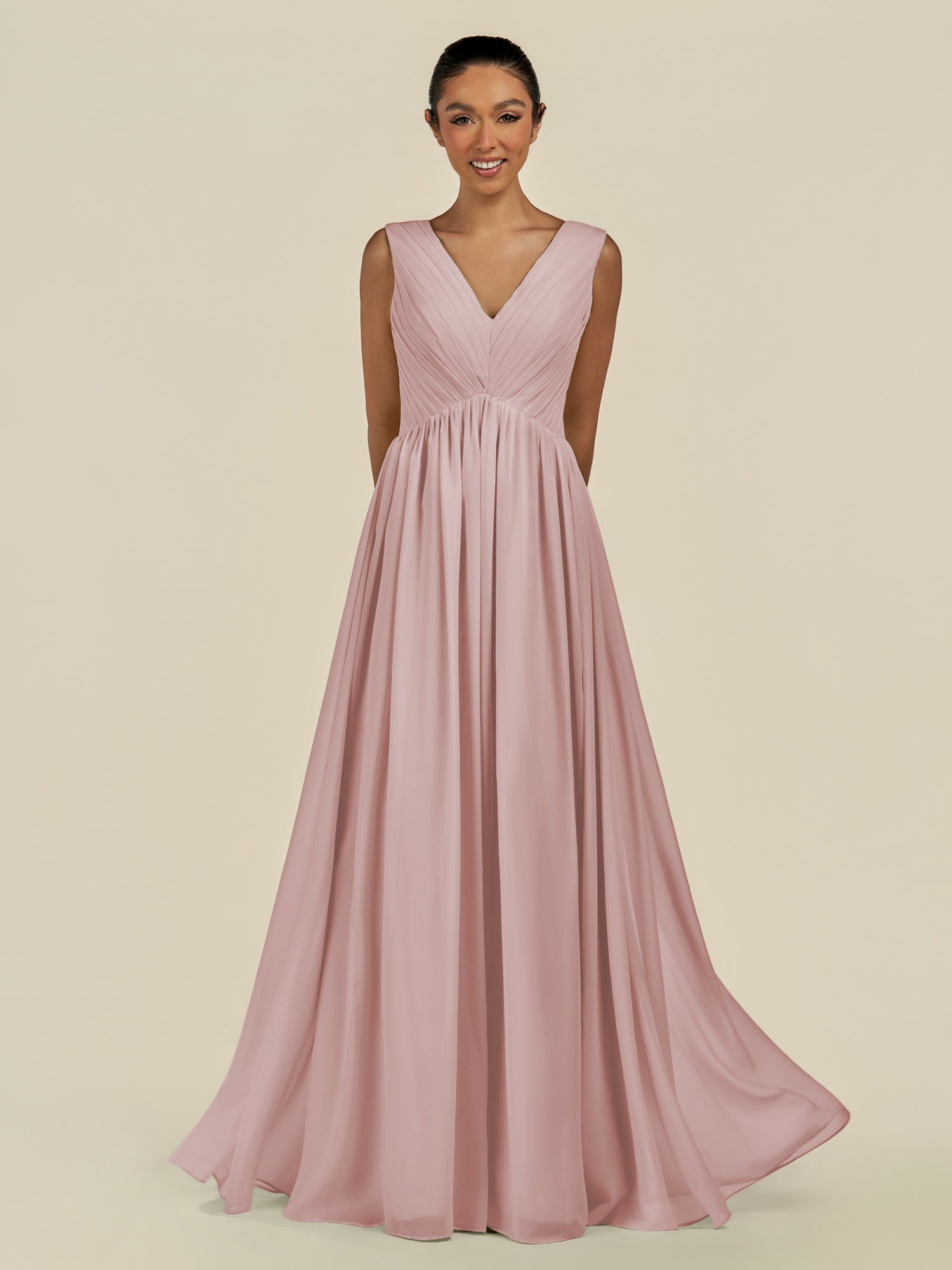 KissDress-Daryel Dusty Rose A Line Chiffon V Neck Pleated Long Bridesmaid Dress