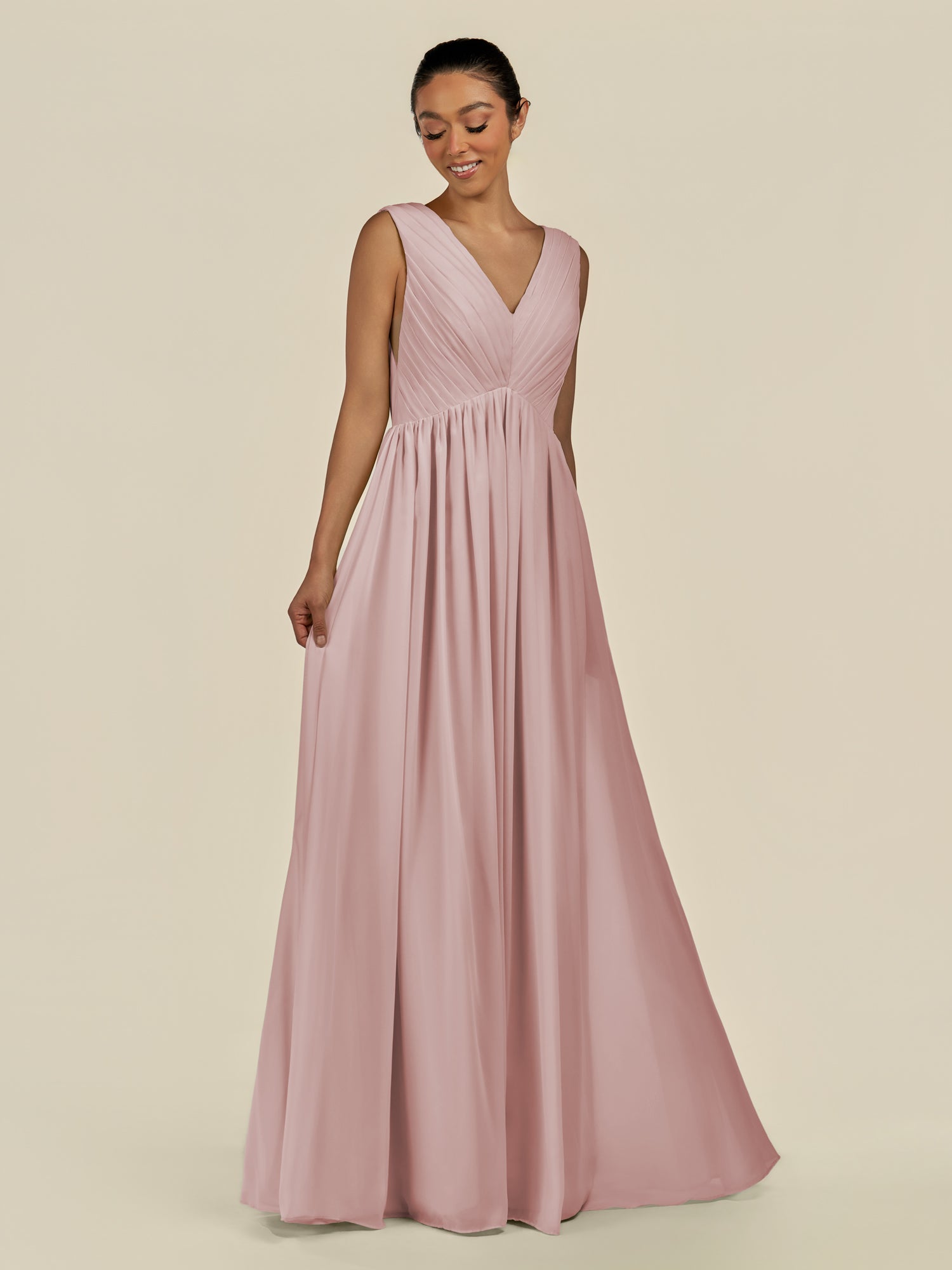 KissDress-Daryel Dusty Rose A Line Chiffon V Neck Pleated Long Bridesmaid Dress