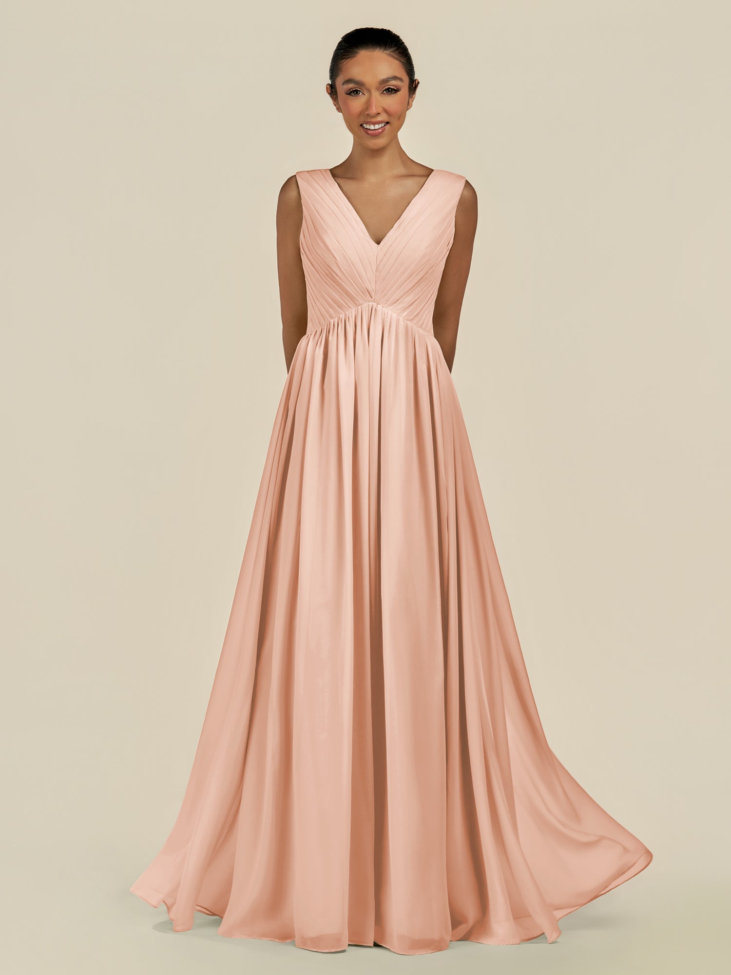 KissDress-Daryel English Rose A Line Chiffon V Neck Pleated Long Bridesmaid Dress
