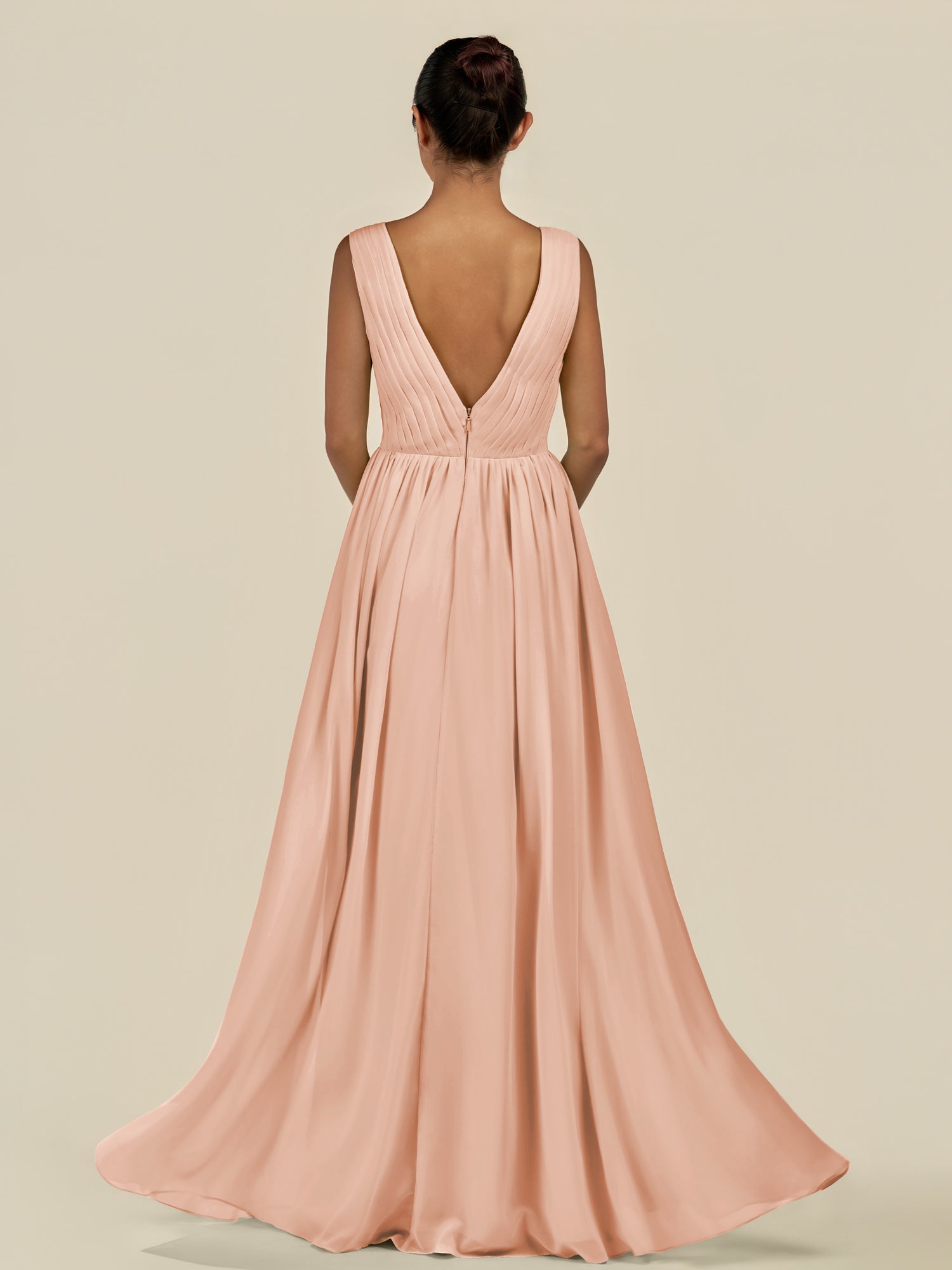 KissDress-Daryel English Rose A Line Chiffon V Neck Pleated Long Bridesmaid Dress