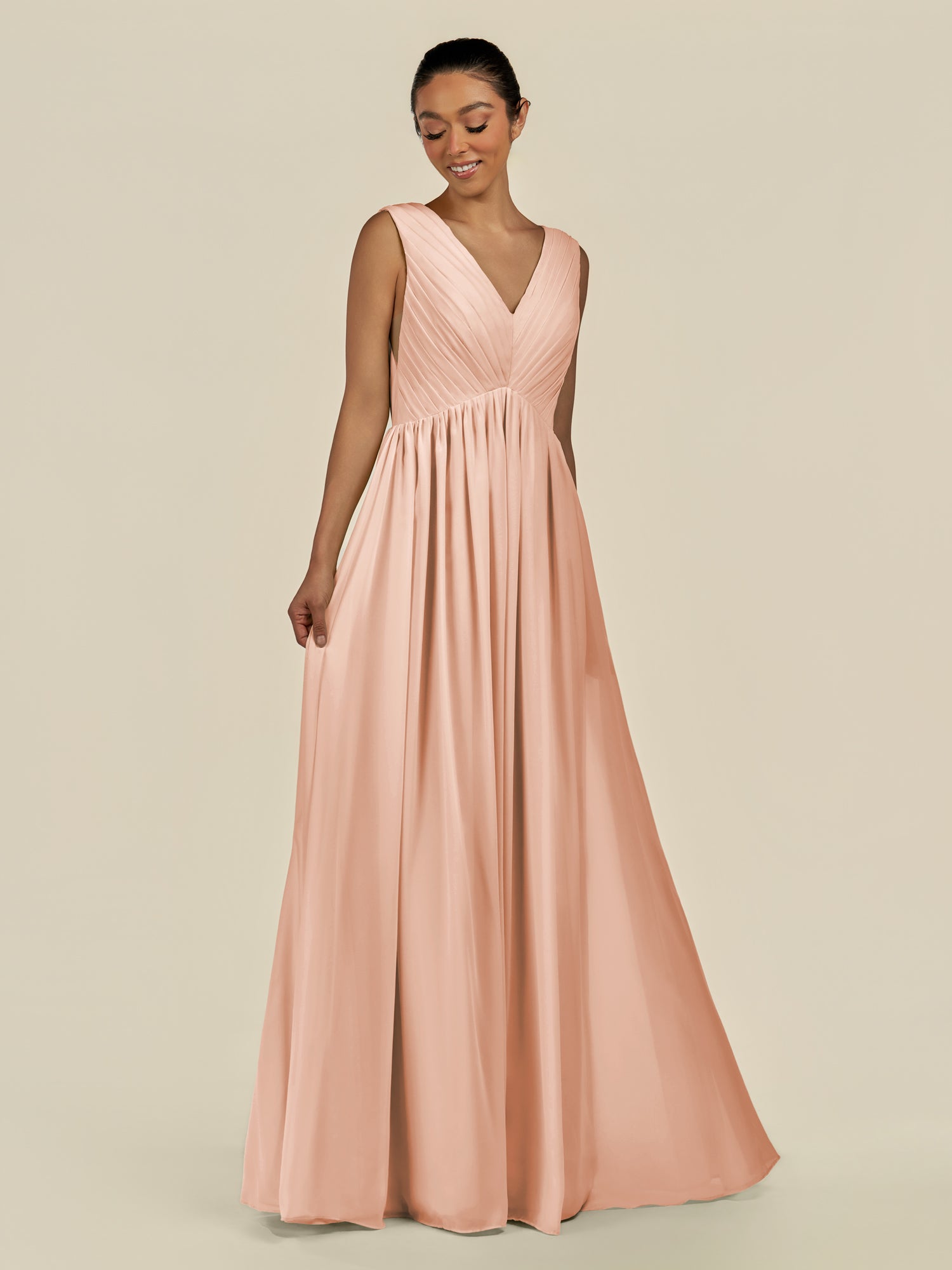 KissDress-Daryel English Rose A Line Chiffon V Neck Pleated Long Bridesmaid Dress