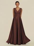 KissDress-Daryel Espresso A Line Chiffon V Neck Pleated Long Bridesmaid Dress