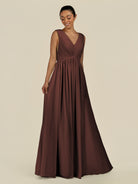 KissDress-Daryel Espresso A Line Chiffon V Neck Pleated Long Bridesmaid Dress