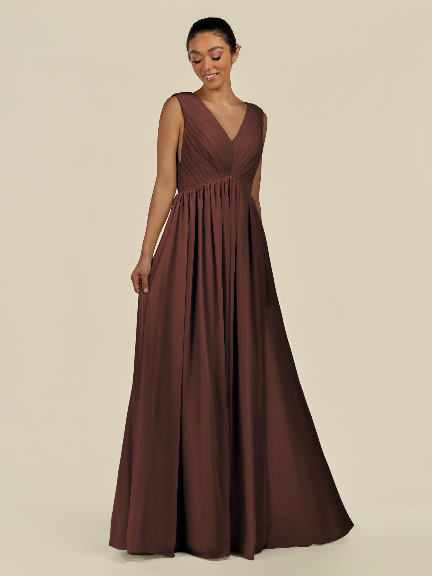 KissDress-Daryel Espresso A Line Chiffon V Neck Pleated Long Bridesmaid Dress