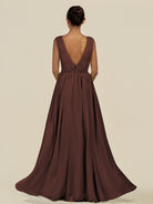 KissDress-Daryel Espresso A Line Chiffon V Neck Pleated Long Bridesmaid Dress