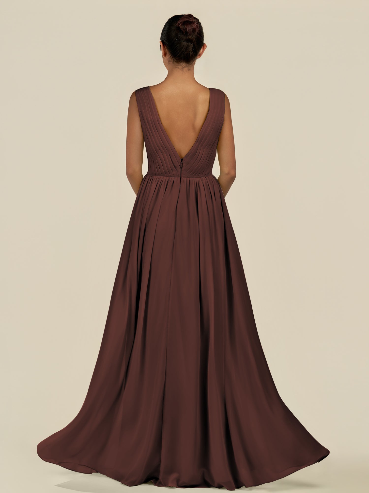 KissDress-Daryel Espresso A Line Chiffon V Neck Pleated Long Bridesmaid Dress