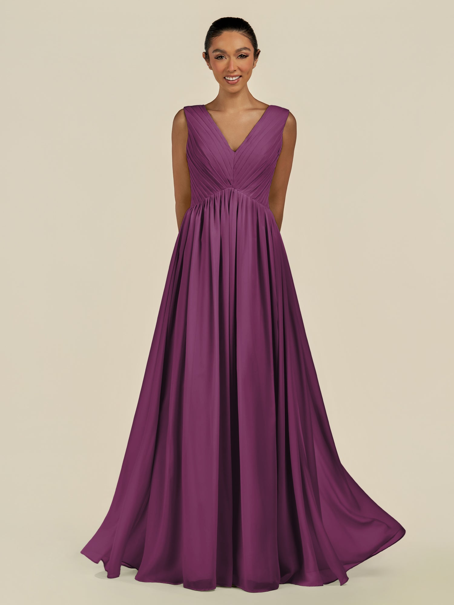 KissDress-Daryel Fig A Line Chiffon V Neck Pleated Long Bridesmaid Dress