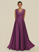 KissDress-Daryel Fig A Line Chiffon V Neck Pleated Long Bridesmaid Dress